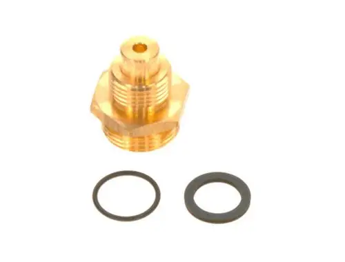 Bosch-Gasdüse in Messing-Optik, zylindrische Form mit einem Innengewinde. Zwei O-Ringe in Schwarz liegen daneben.